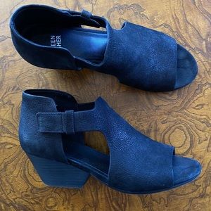 Eileen Fisher Cutout Black Leather Wedge Sandals